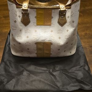 MCM White Tote with Gold and Yellow Snake-Texture Accents